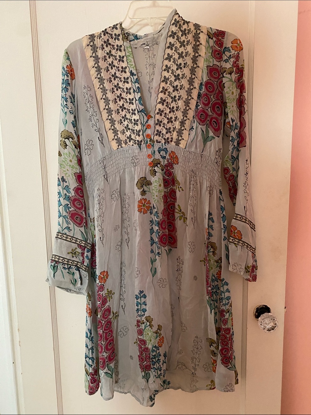 Boho Floral Festival Dress /tunic top in Light Gray with Multicolor Print
